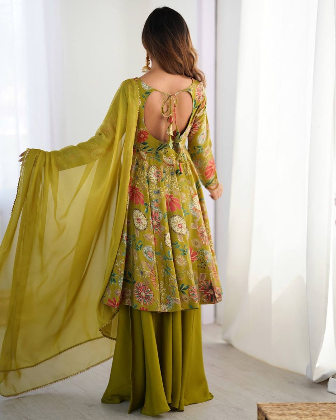 Mehndi Color Roman Silk Discharge Printed Plazzo Suit