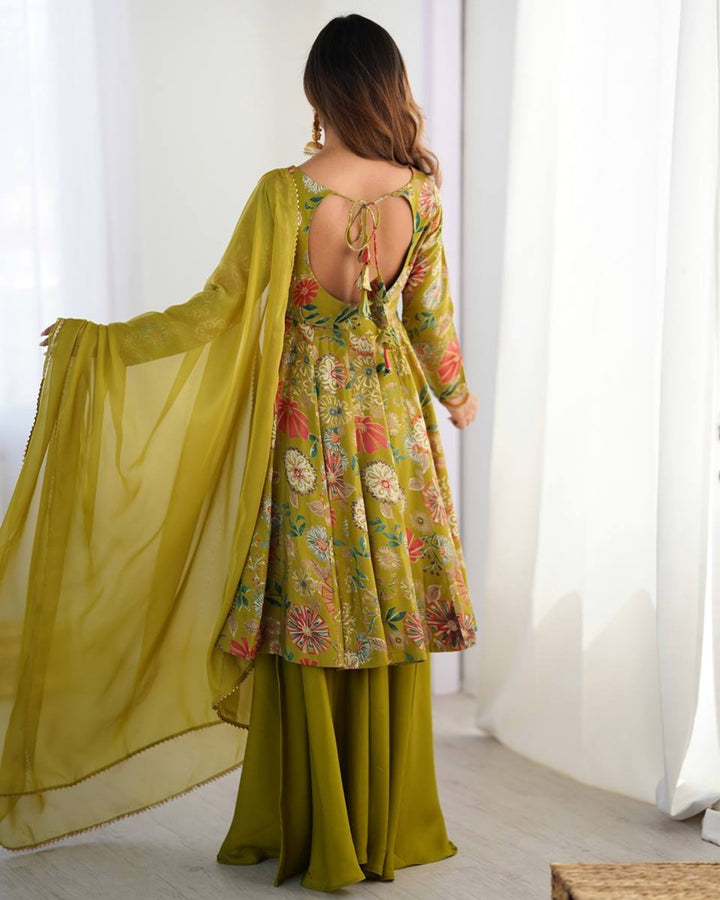 Mehndi Color Roman Silk Discharge Printed Plazzo Suit