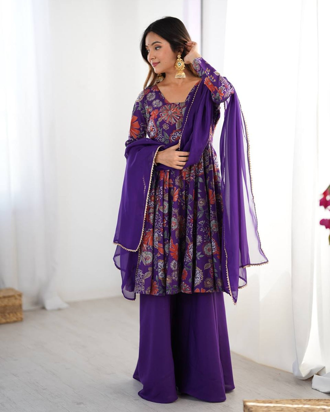 Purple Color Roman Silk Discharge Printed Plazzo Suit