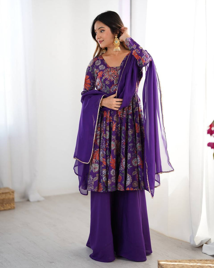Purple Color Roman Silk Discharge Printed Plazzo Suit