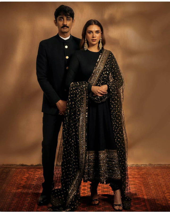 Aditi Rao Style Black Embroidered Rayon Anarkali