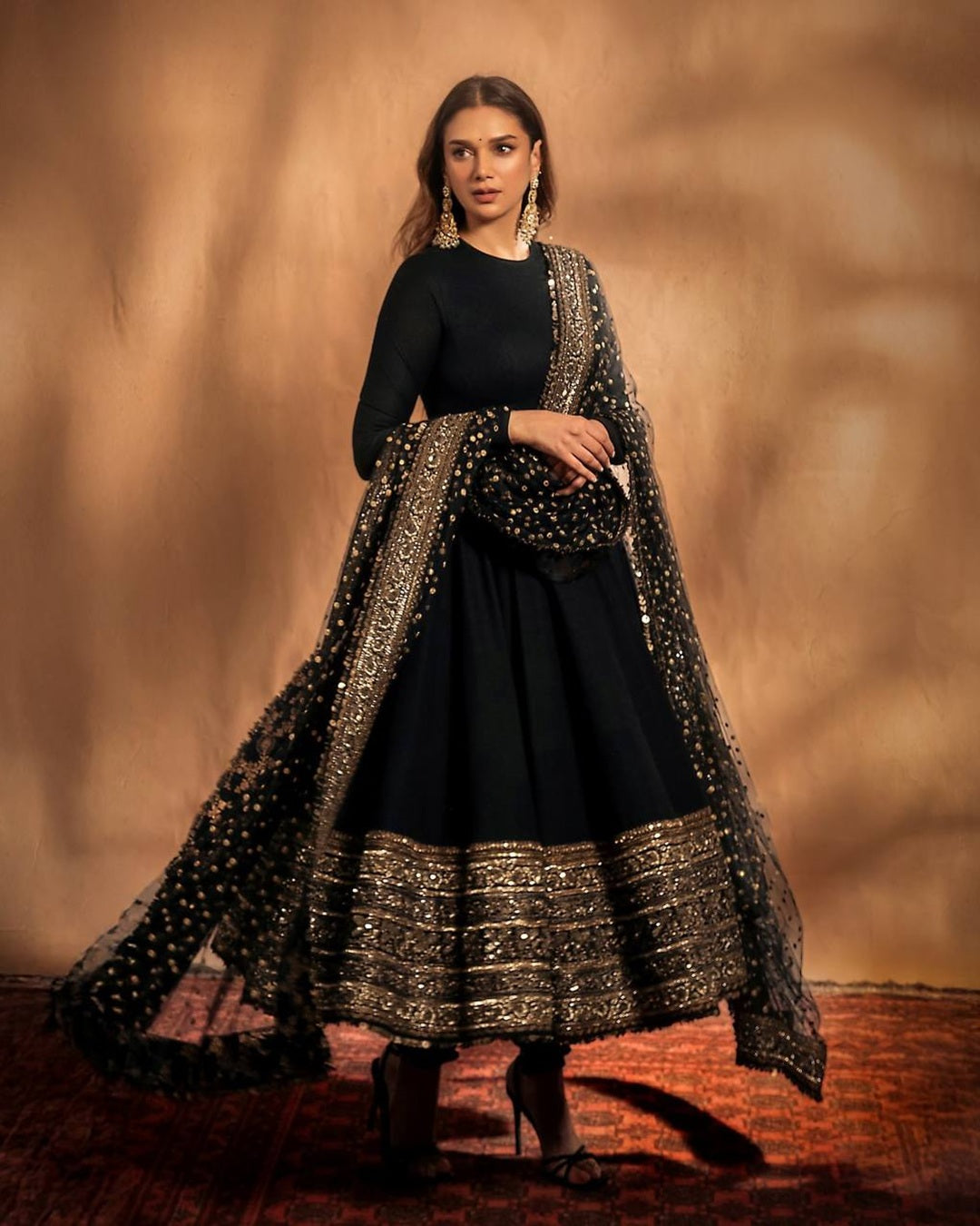 Aditi Rao Style Black Embroidered Rayon Anarkali