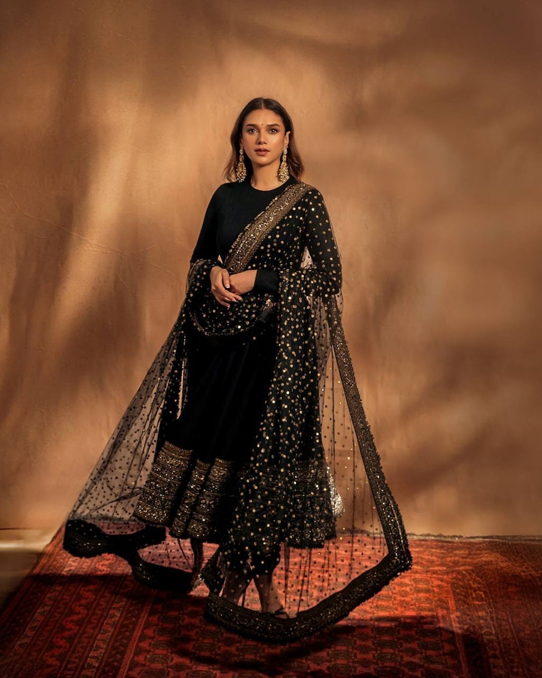 Aditi Rao Style Black Embroidered Rayon Anarkali