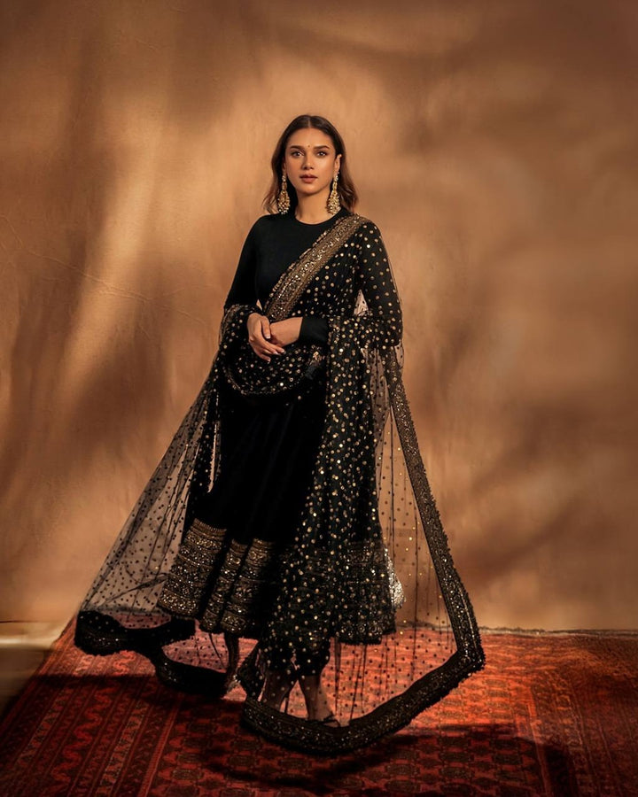 Aditi Rao Style Black Embroidered Rayon Anarkali