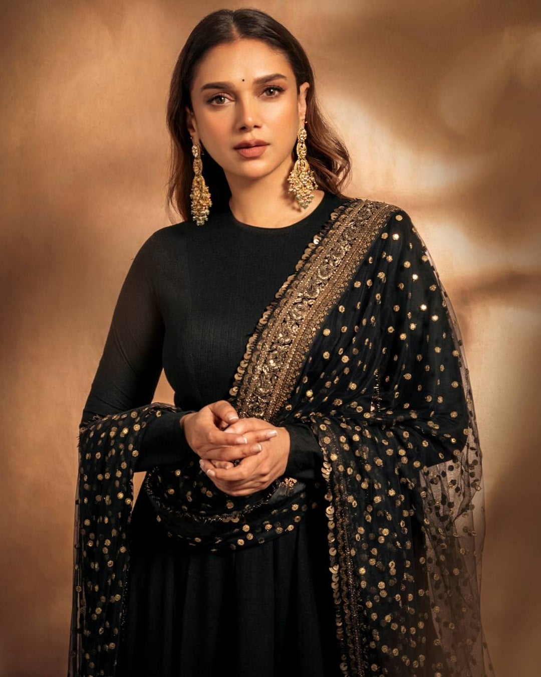 Aditi Rao Style Black Embroidered Rayon Anarkali