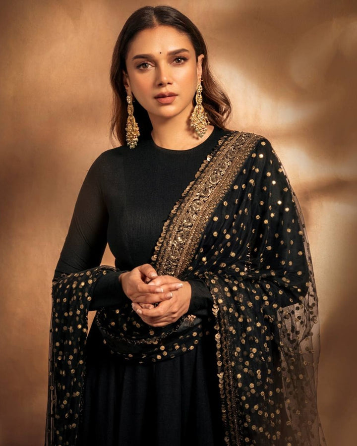 Aditi Rao Style Black Embroidered Rayon Anarkali