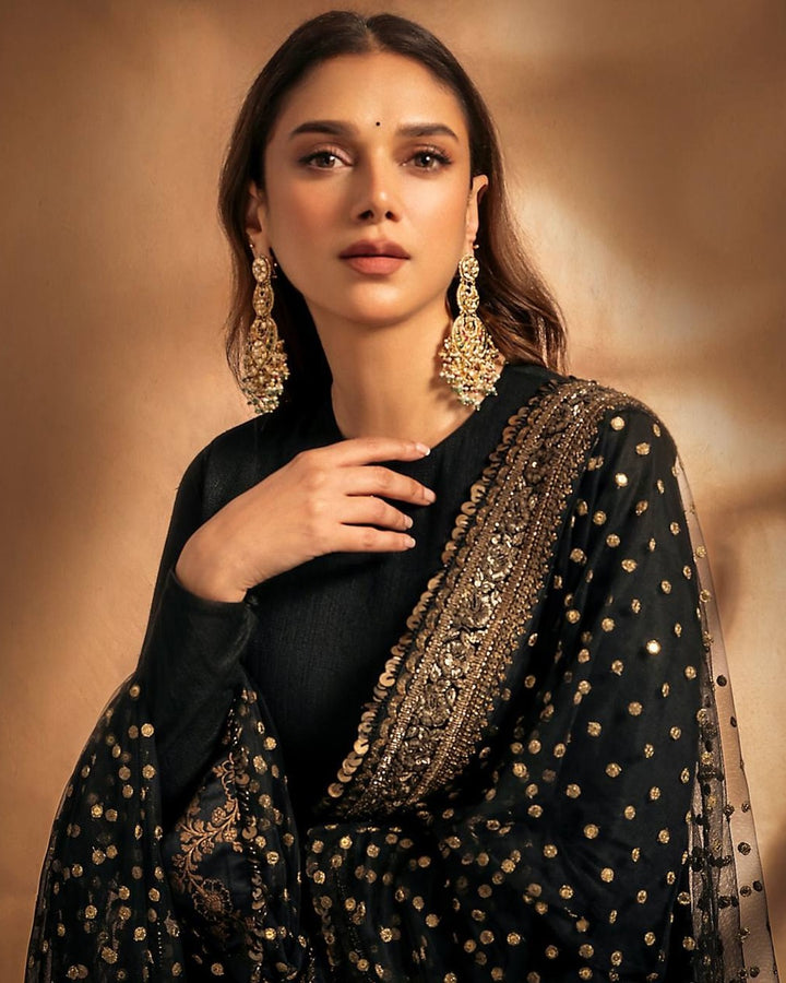 Aditi Rao Style Black Embroidered Rayon Anarkali