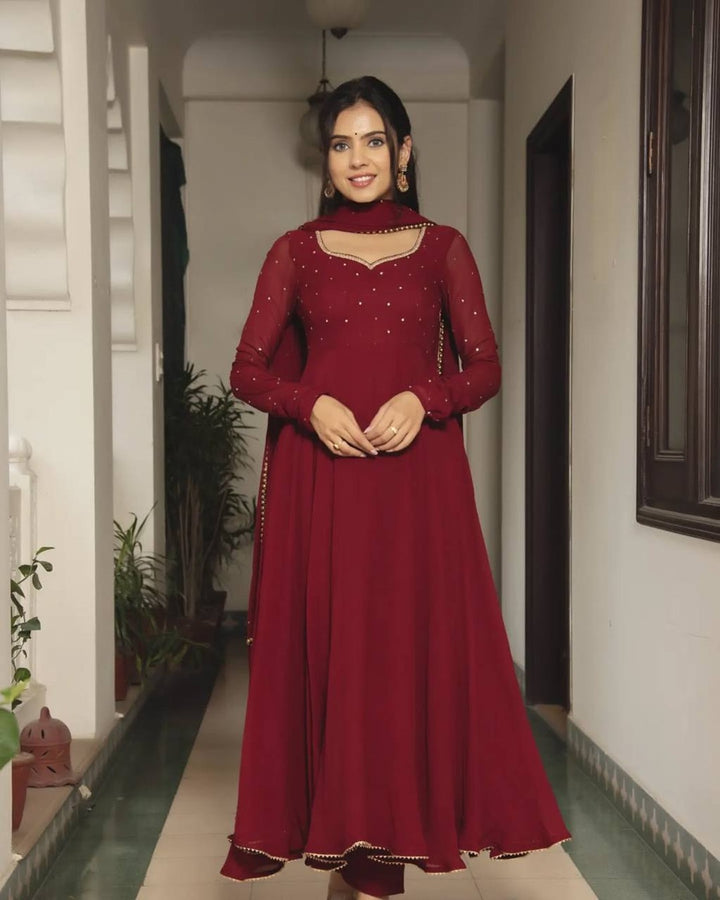 Maroon Georgette Anarkali with Pearl Dupatta
