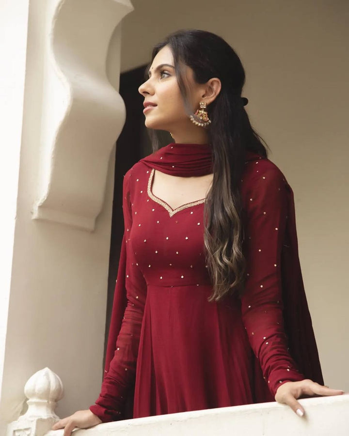 Maroon Georgette Anarkali with Pearl Dupatta