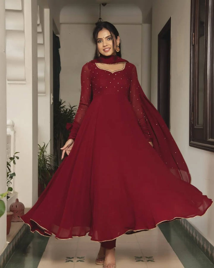 Maroon Georgette Anarkali with Pearl Dupatta
