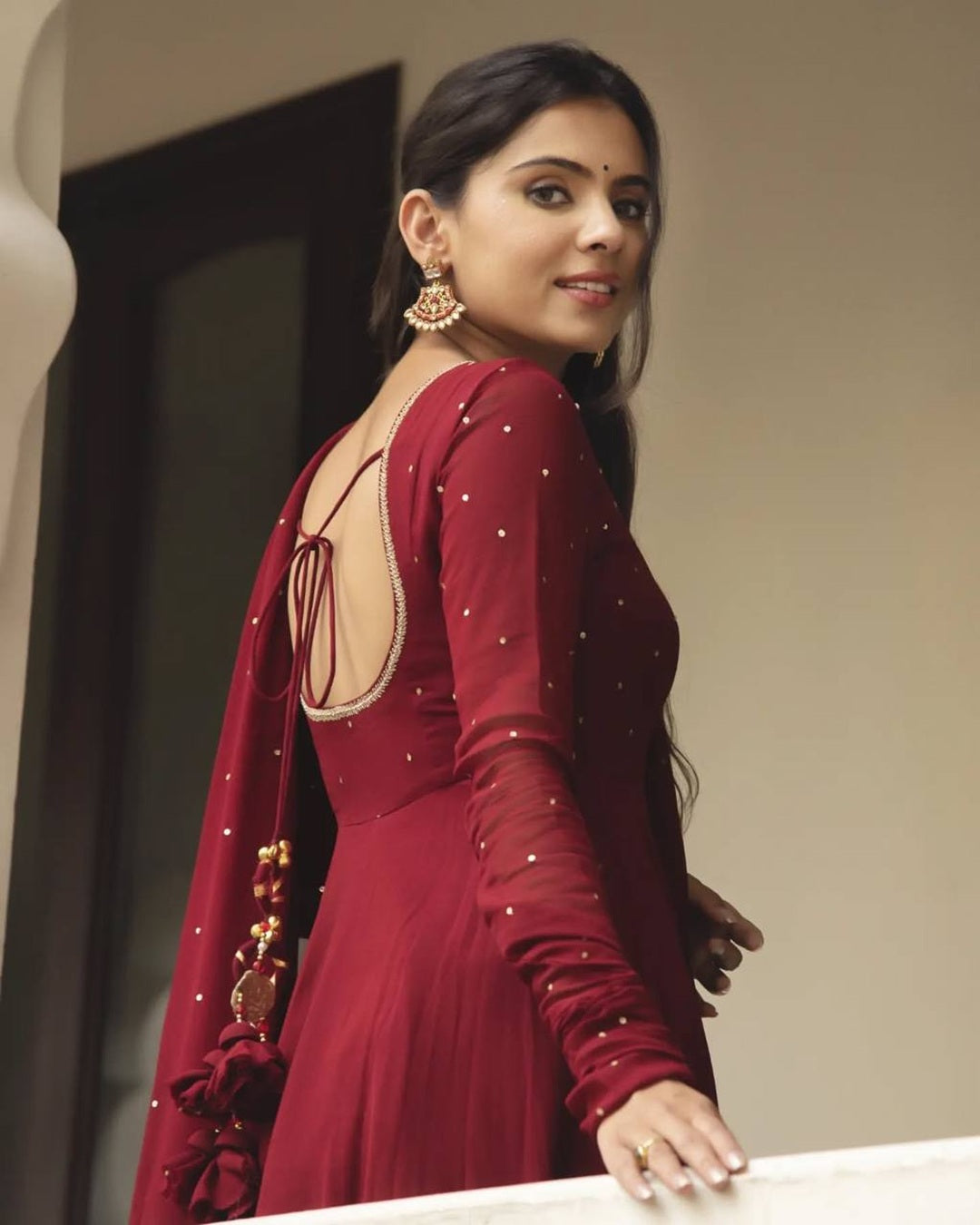 Maroon Georgette Anarkali with Pearl Dupatta