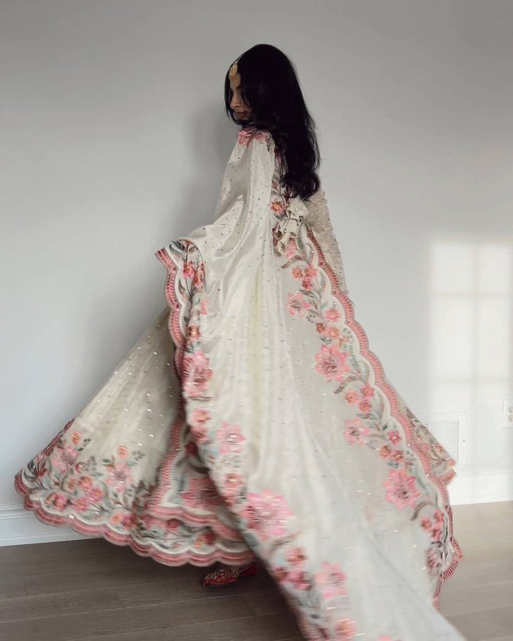 Beautiful Off White Color Pure Vichitra Silk Three Piece Anarkali Suit