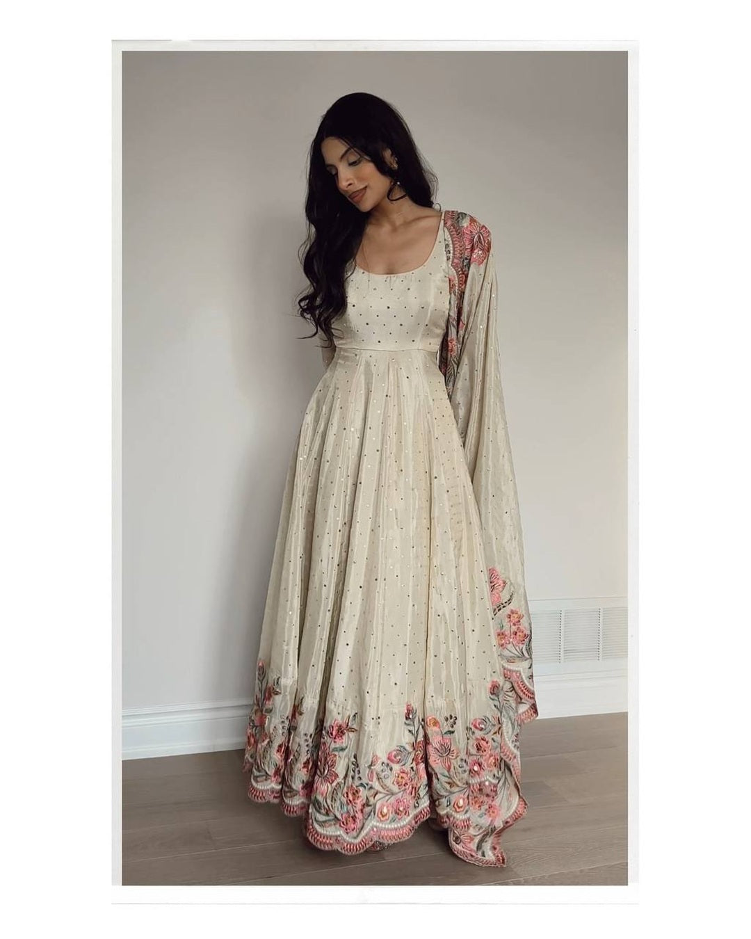 Beautiful Off White Color Pure Vichitra Silk Three Piece Anarkali Suit