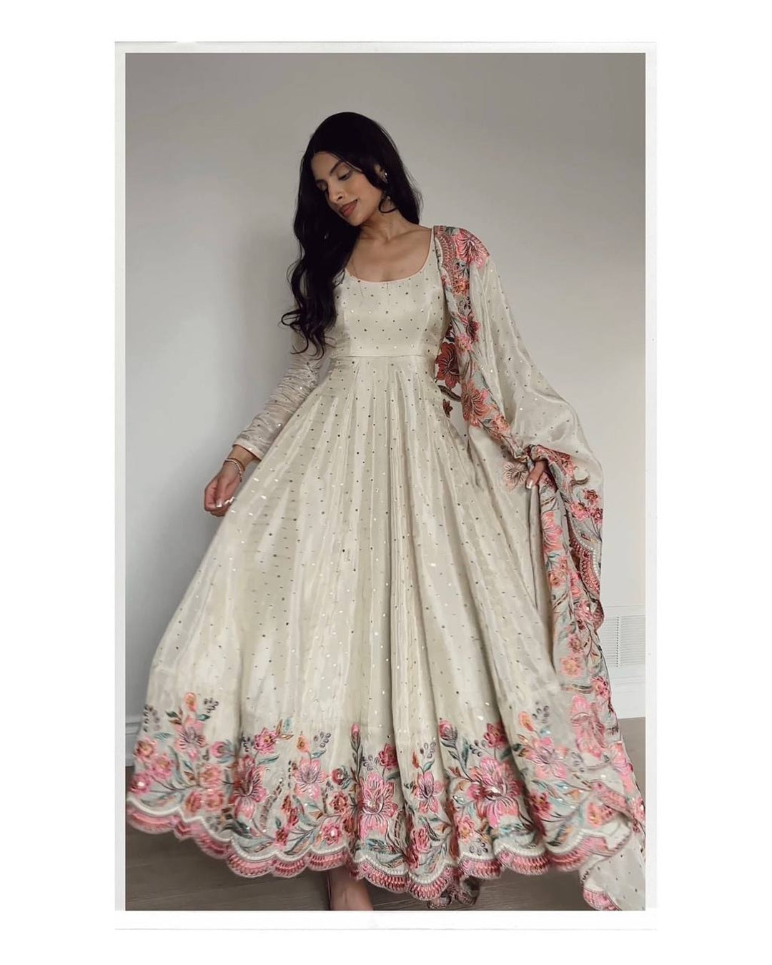 Beautiful Off White Color Pure Vichitra Silk Three Piece Anarkali Suit