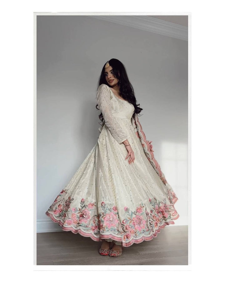 Beautiful Off White Color Pure Vichitra Silk Three Piece Anarkali Suit