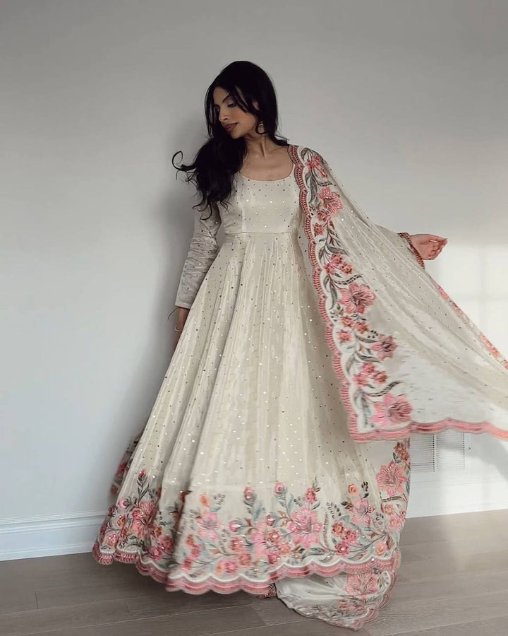 Beautiful Off White Color Pure Vichitra Silk Three Piece Anarkali Suit