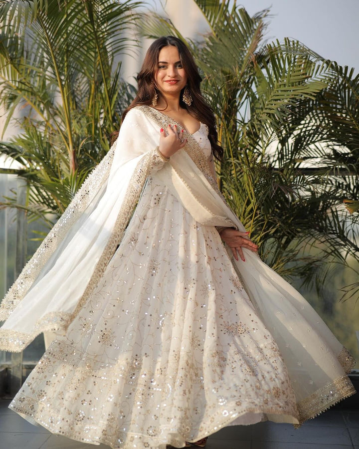 White Glamour Sequin Gown & Dupatta