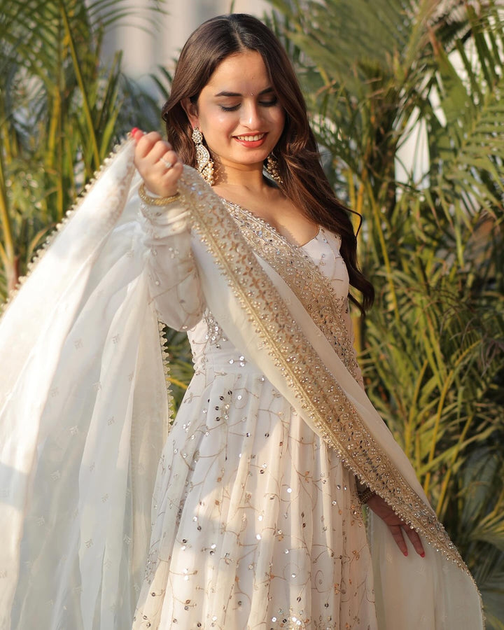 White Glamour Sequin Gown & Dupatta