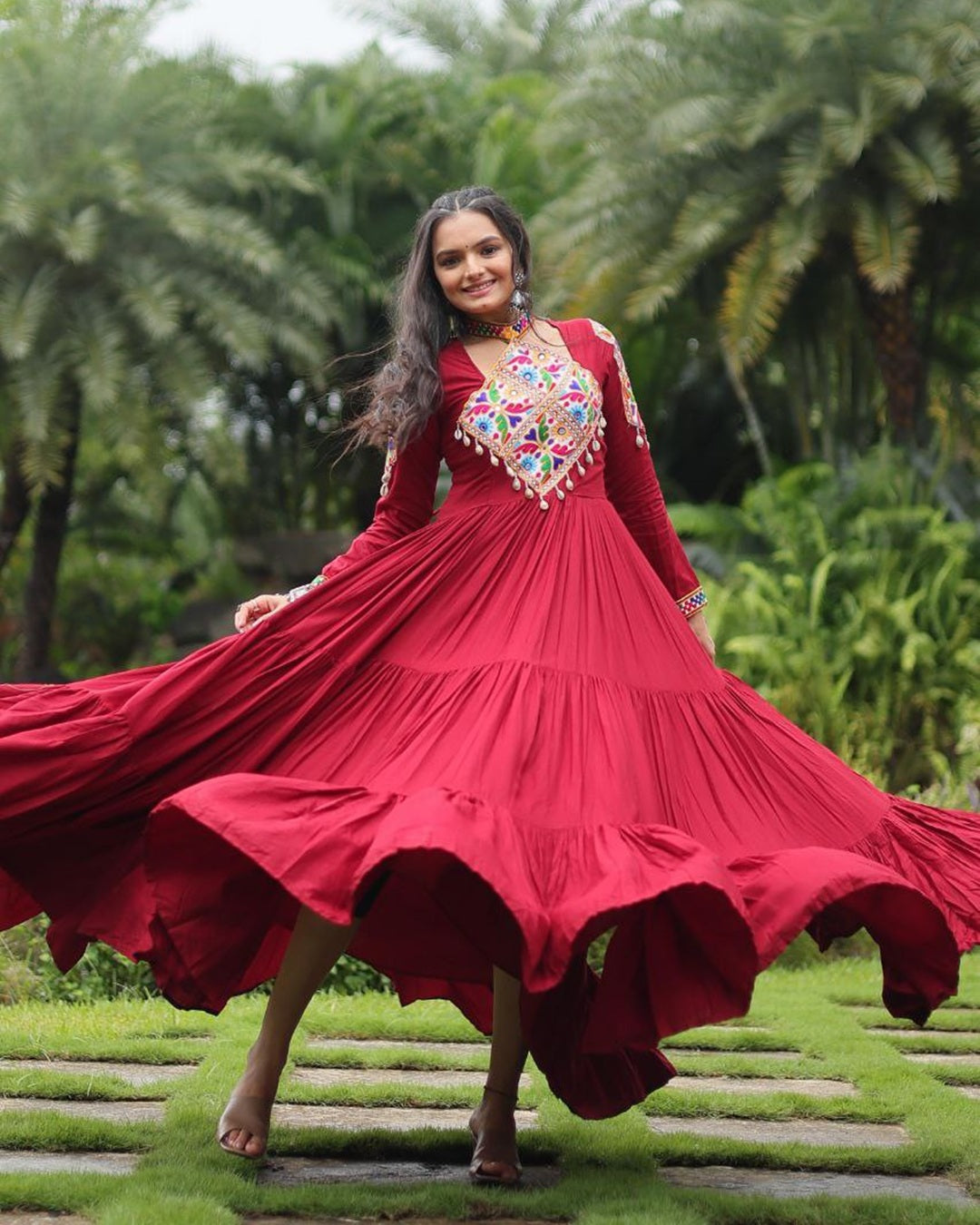 Maroon Color Rayon Gamthi Style Navratri Gown