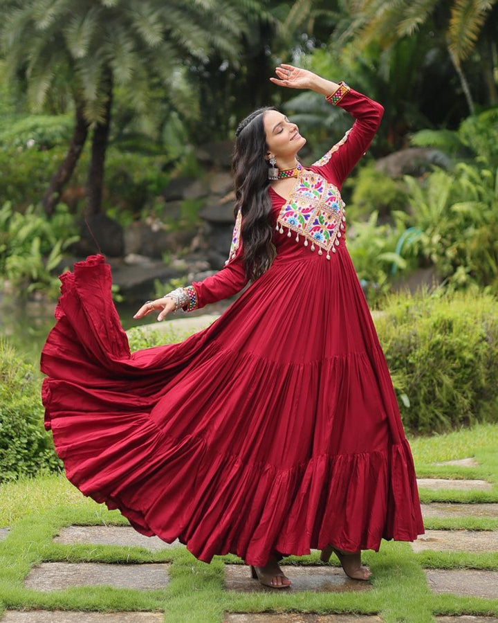 Maroon Color Rayon Gamthi Style Navratri Gown
