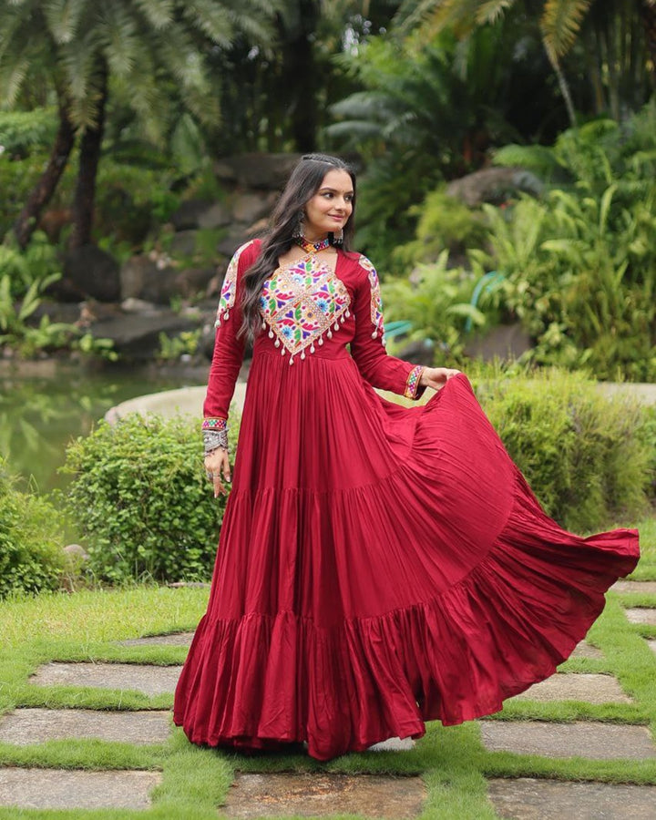 Maroon Color Rayon Gamthi Style Navratri Gown