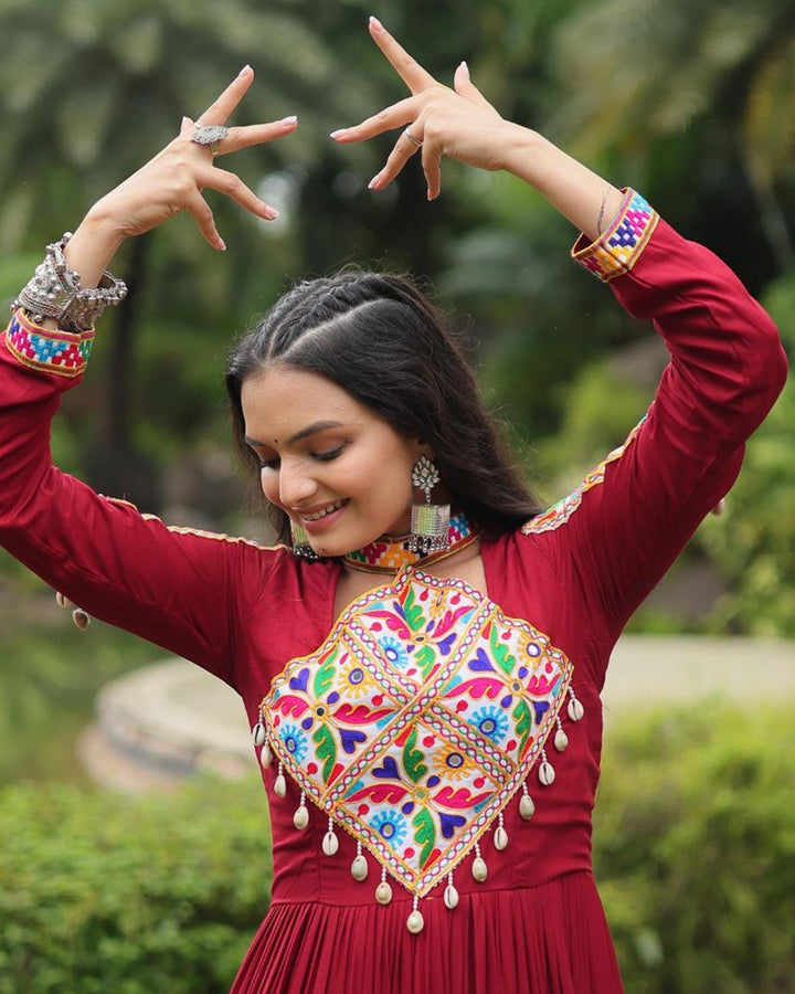Maroon Color Rayon Gamthi Style Navratri Gown