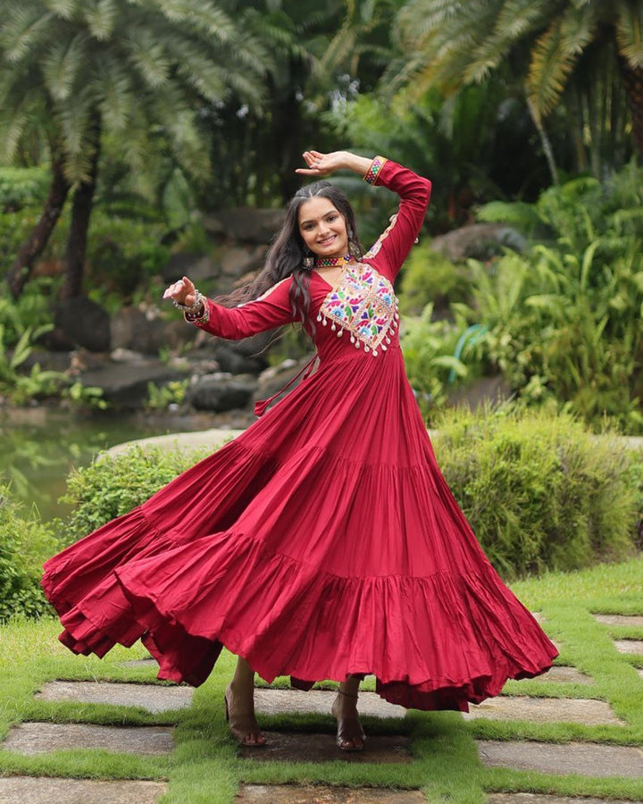 Maroon Color Rayon Gamthi Style Navratri Gown