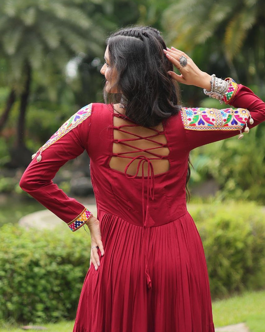 Maroon Color Rayon Gamthi Style Navratri Gown