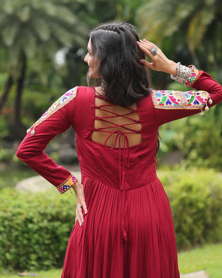 Maroon Color Rayon Gamthi Style Navratri Gown