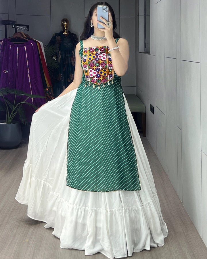 Stylish Green Kurti in Georgette Paired with Rayon Lehenga