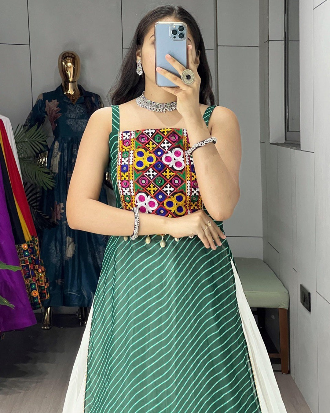 Stylish Green Kurti in Georgette Paired with Rayon Lehenga
