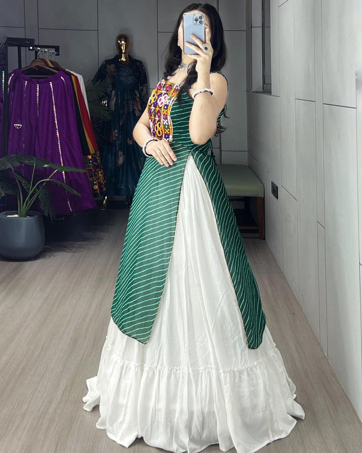 Stylish Green Kurti in Georgette Paired with Rayon Lehenga