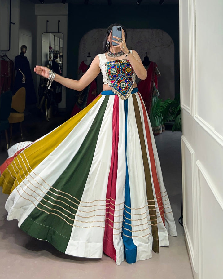 Traditional White Navratri Lehenga Set in Rayon with Cowrie Embellishments