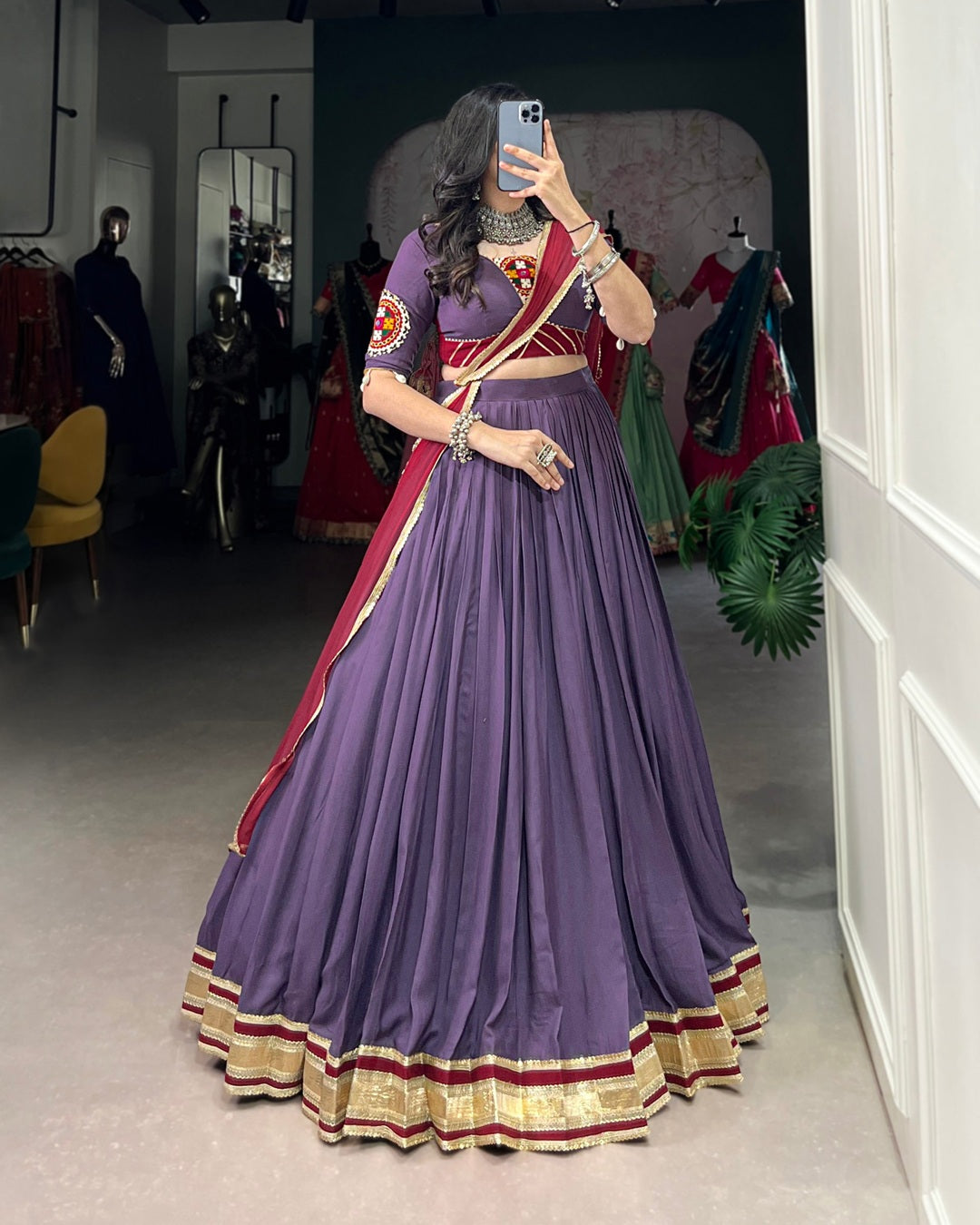 Designer Mauve Rayon Navratri Lehenga with Traditional Detailing