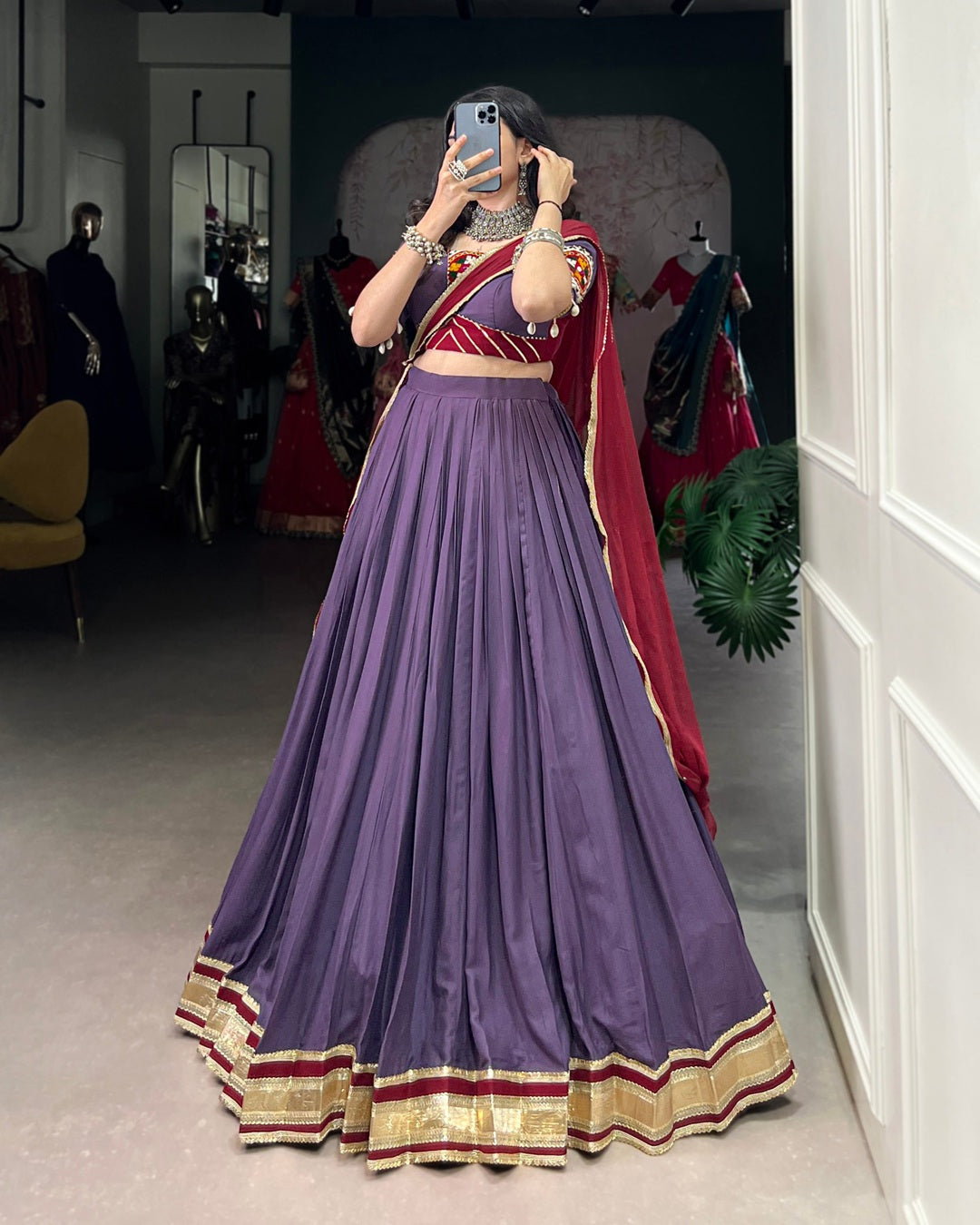 Designer Mauve Rayon Navratri Lehenga with Traditional Detailing