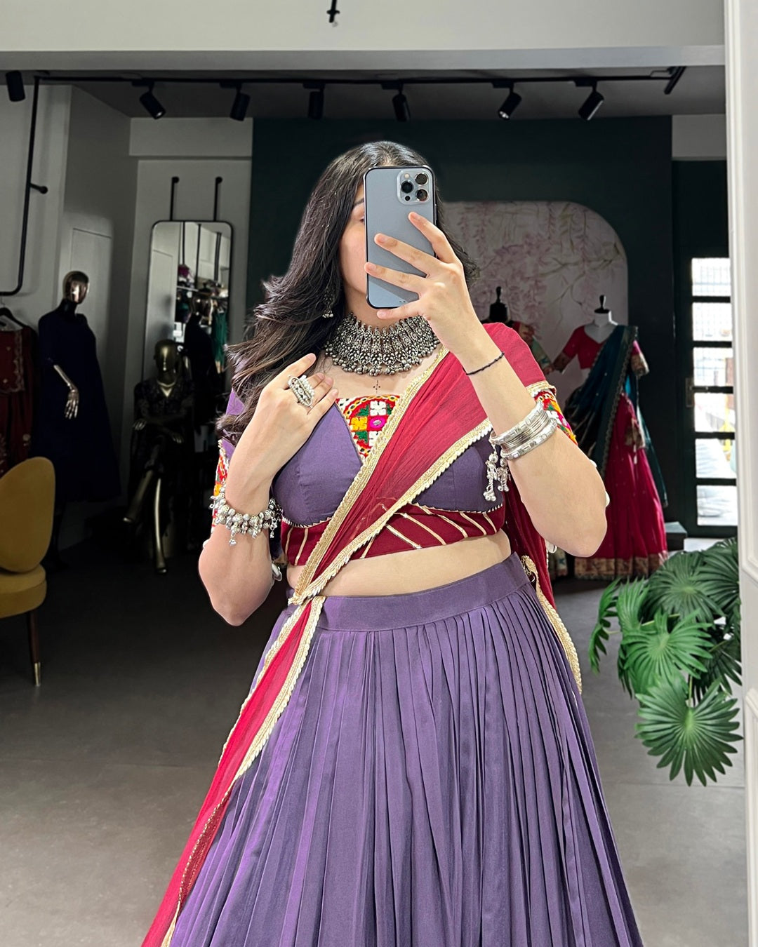 Designer Mauve Rayon Navratri Lehenga with Traditional Detailing