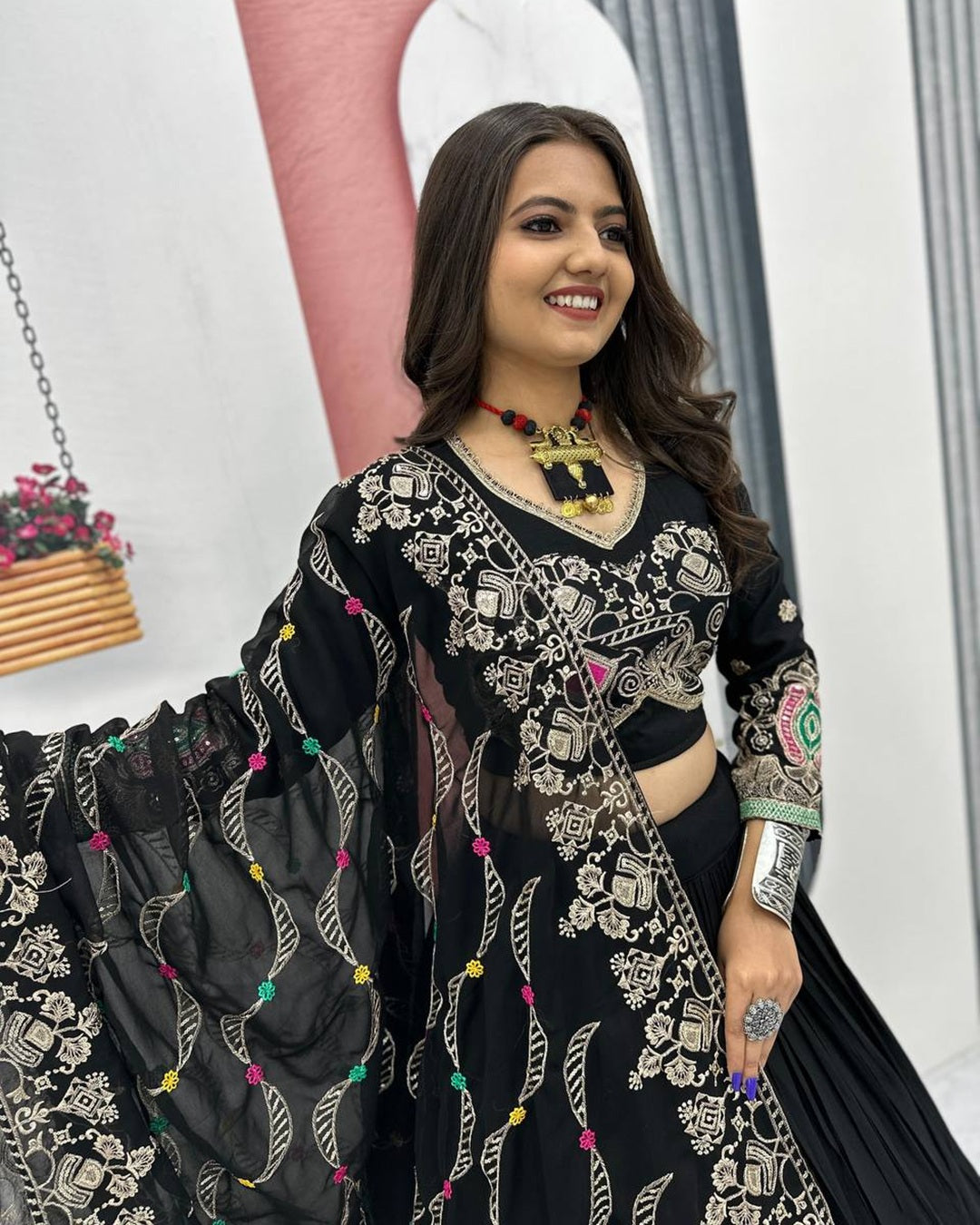 Dandiya Night Special: Black Lehenga with Gamthi Embroidered Blouse