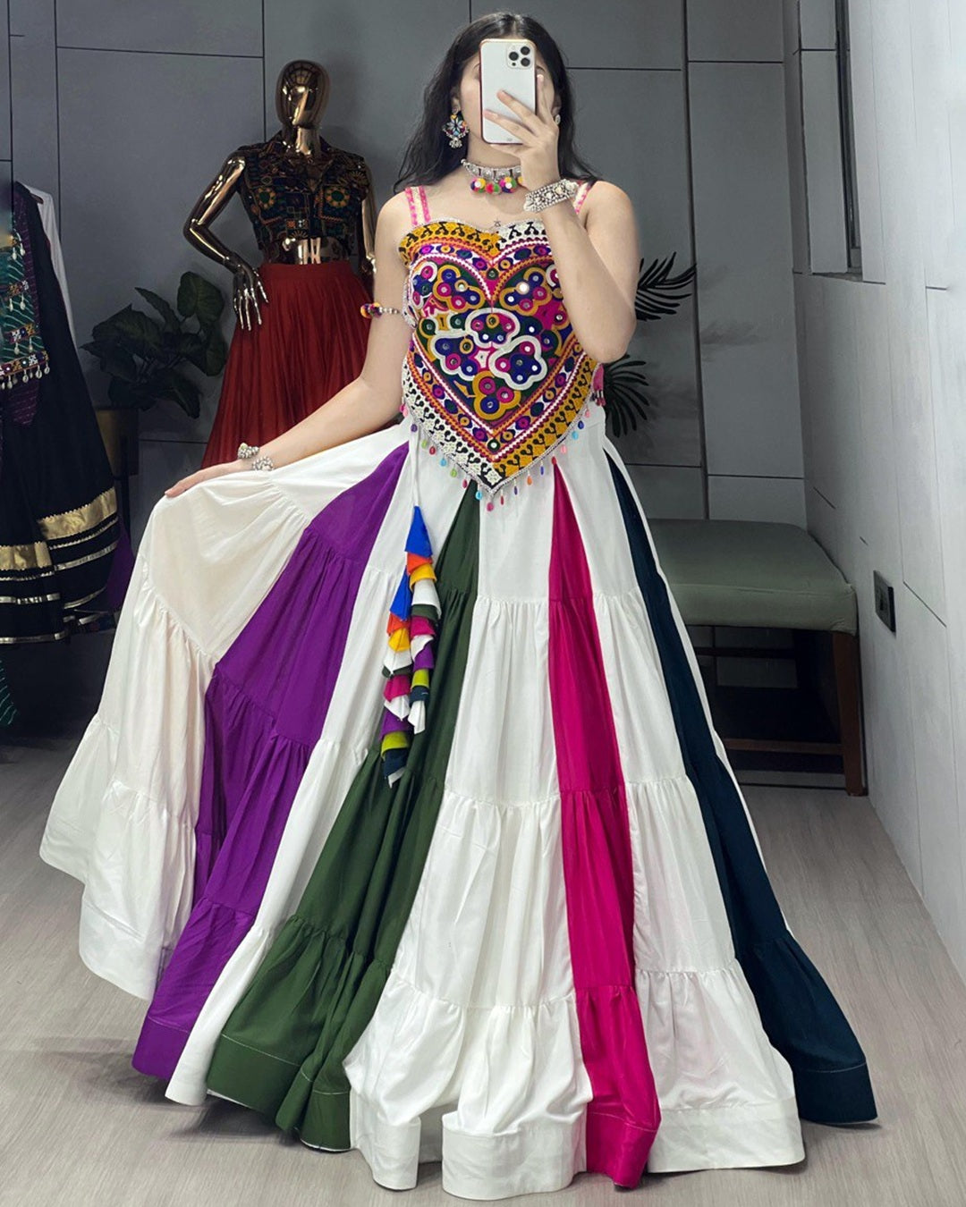 Multicolor Navratri Choli with Mirror & Kutchhi Work