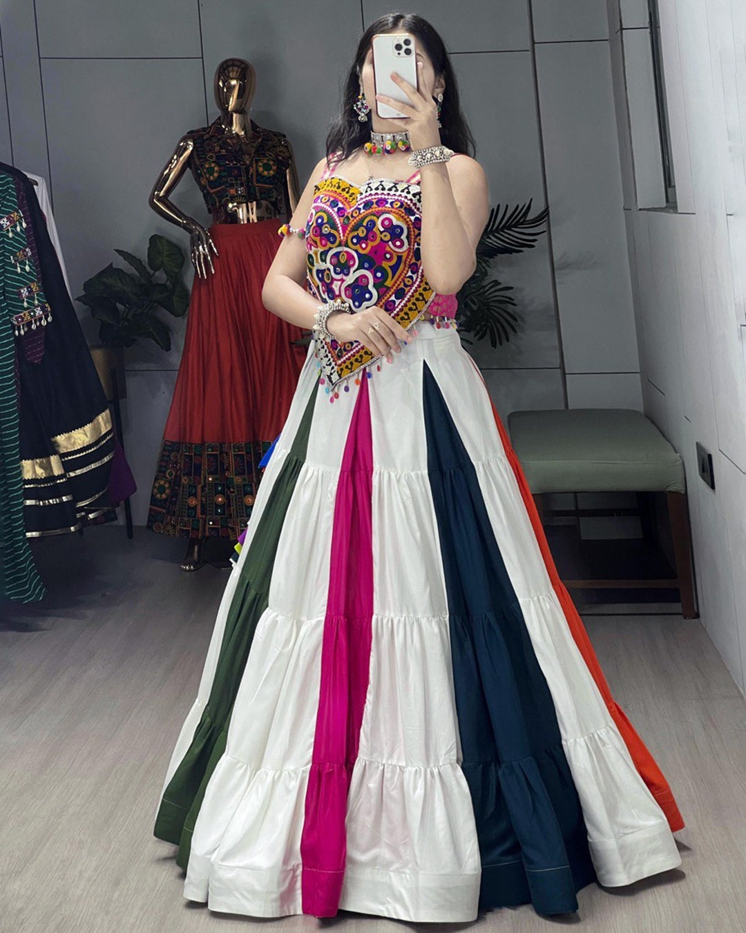 Multicolor Navratri Choli with Mirror & Kutchhi Work