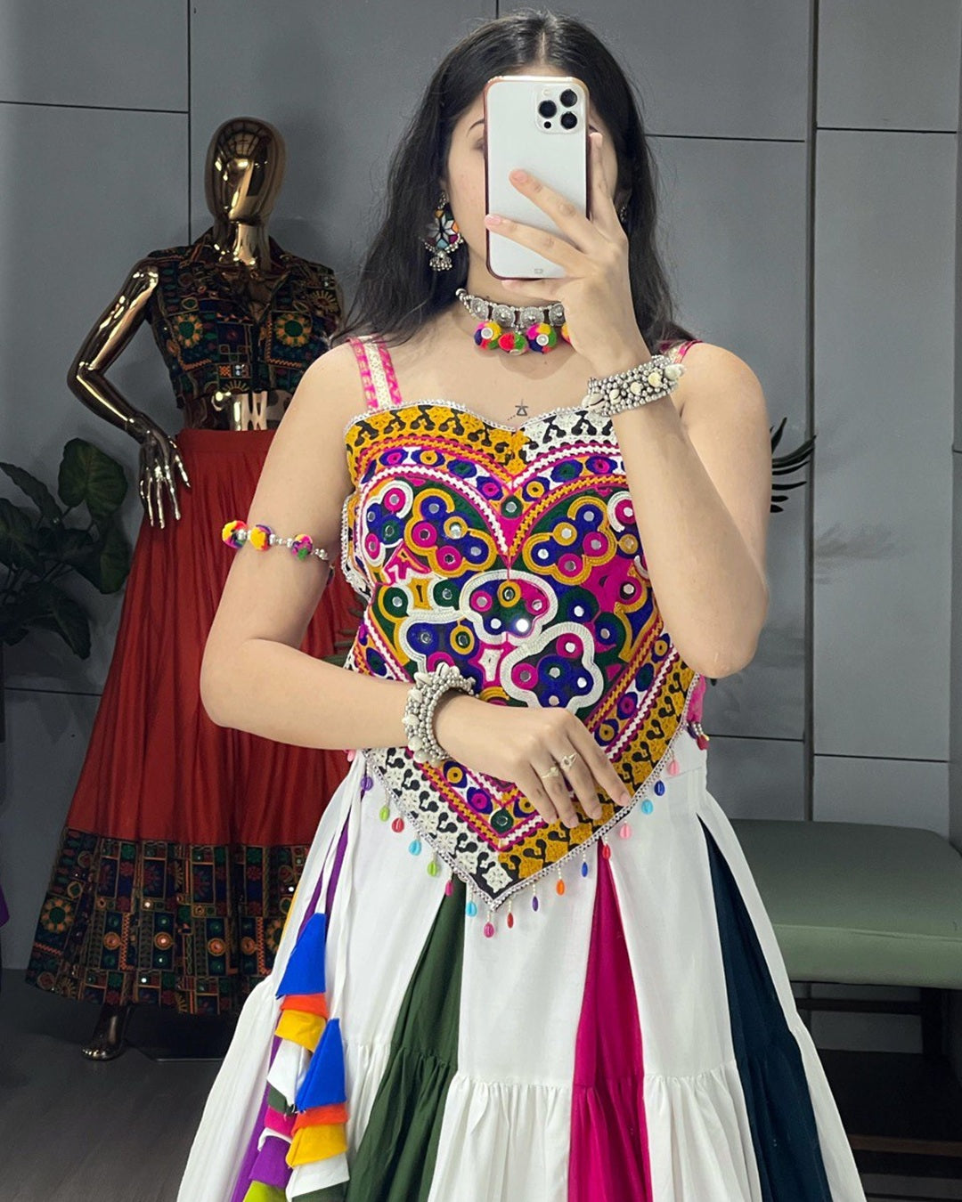Multicolor Navratri Choli with Mirror & Kutchhi Work
