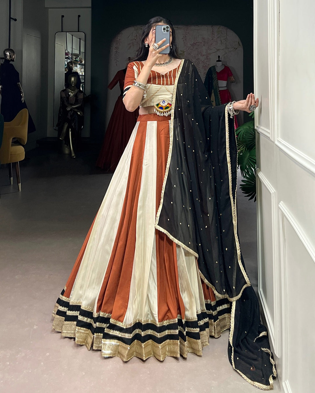 Cream Pure Chinon Navratri Lehenga Choli