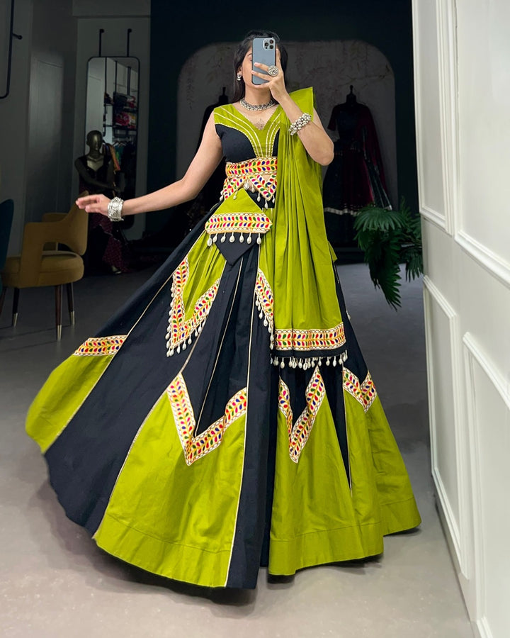 Parrot Green & Black Navratri Lehenga