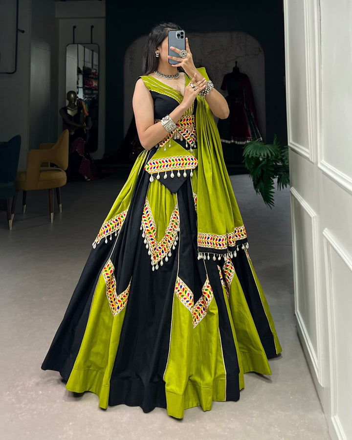 Parrot Green & Black Navratri Lehenga