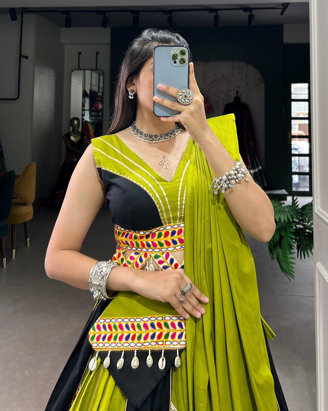 Parrot Green & Black Navratri Lehenga