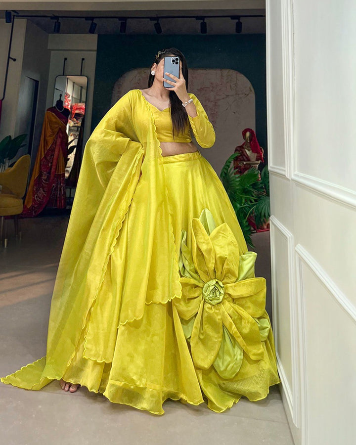 Handmade Flower Work Parrot Color Chanderi Silk Rajwadi Lehenga Choli