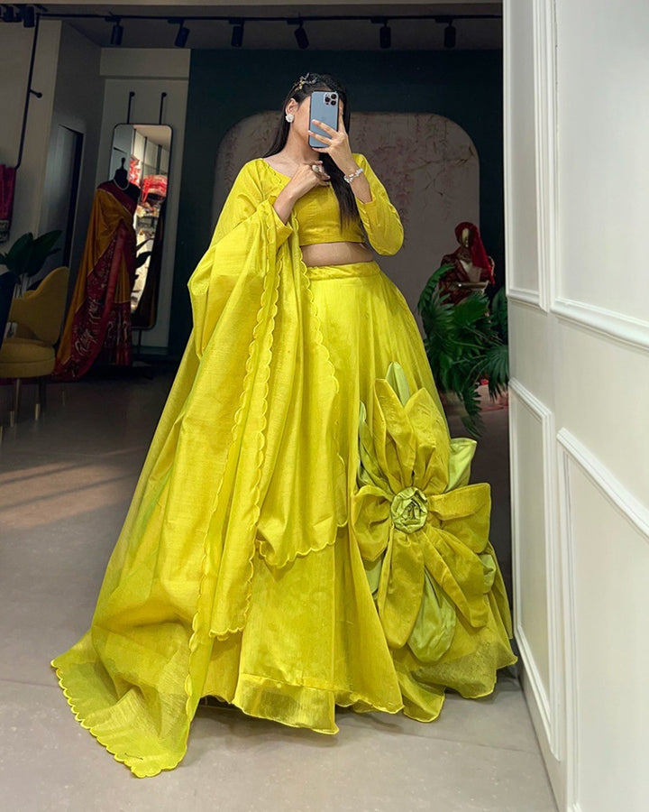 Handmade Flower Work Parrot Color Chanderi Silk Rajwadi Lehenga Choli