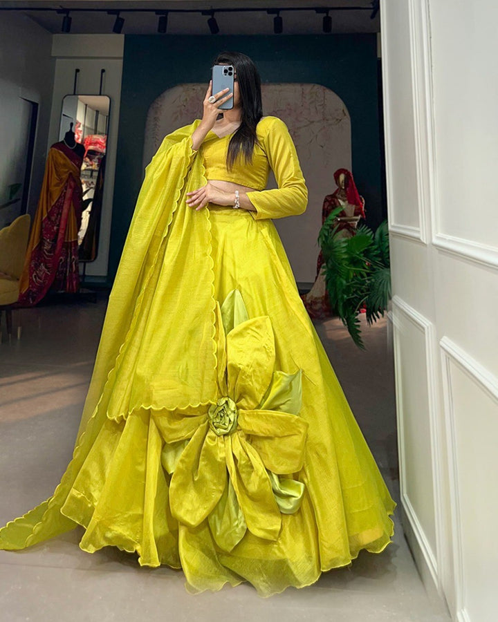 Handmade Flower Work Parrot Color Chanderi Silk Rajwadi Lehenga Choli