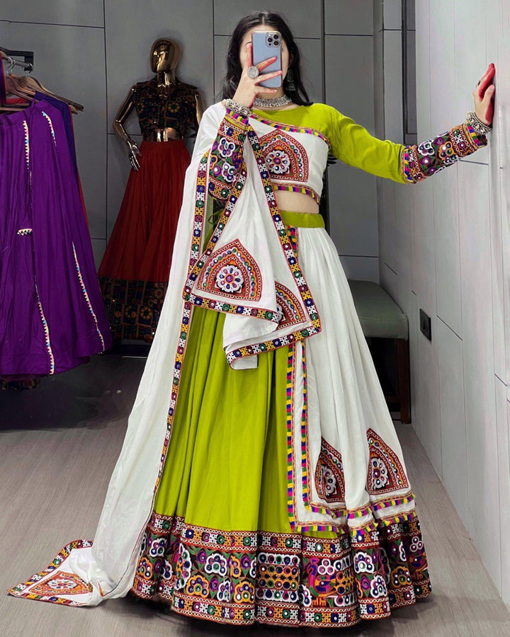 Pure Rayon Cotton Lehenga Choli in Parrot & White – Navratri Wear