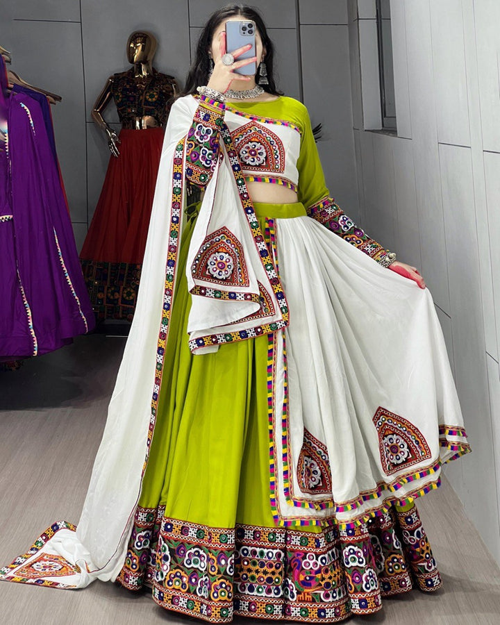 Pure Rayon Cotton Lehenga Choli in Parrot & White – Navratri Wear