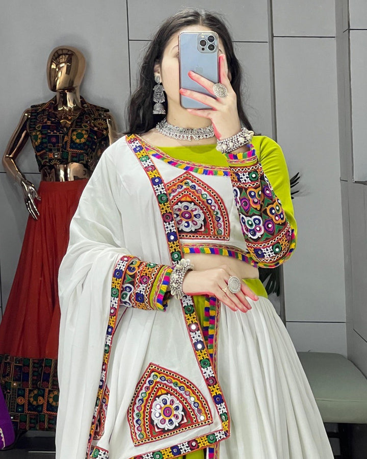 Pure Rayon Cotton Lehenga Choli in Parrot & White – Navratri Wear